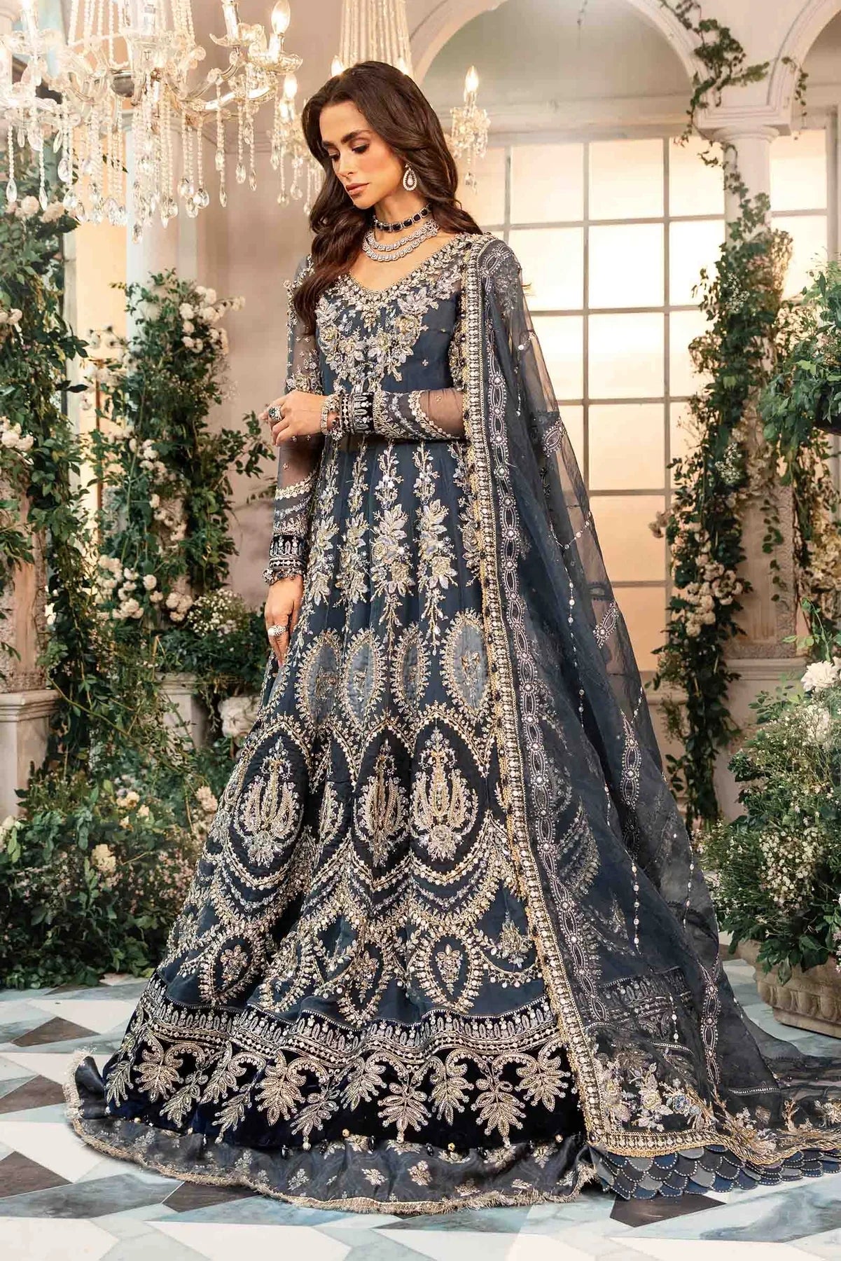 Maria B - 3 Piece Unstitched Embroidered Organza Suit - BD-2901-Dull Blue